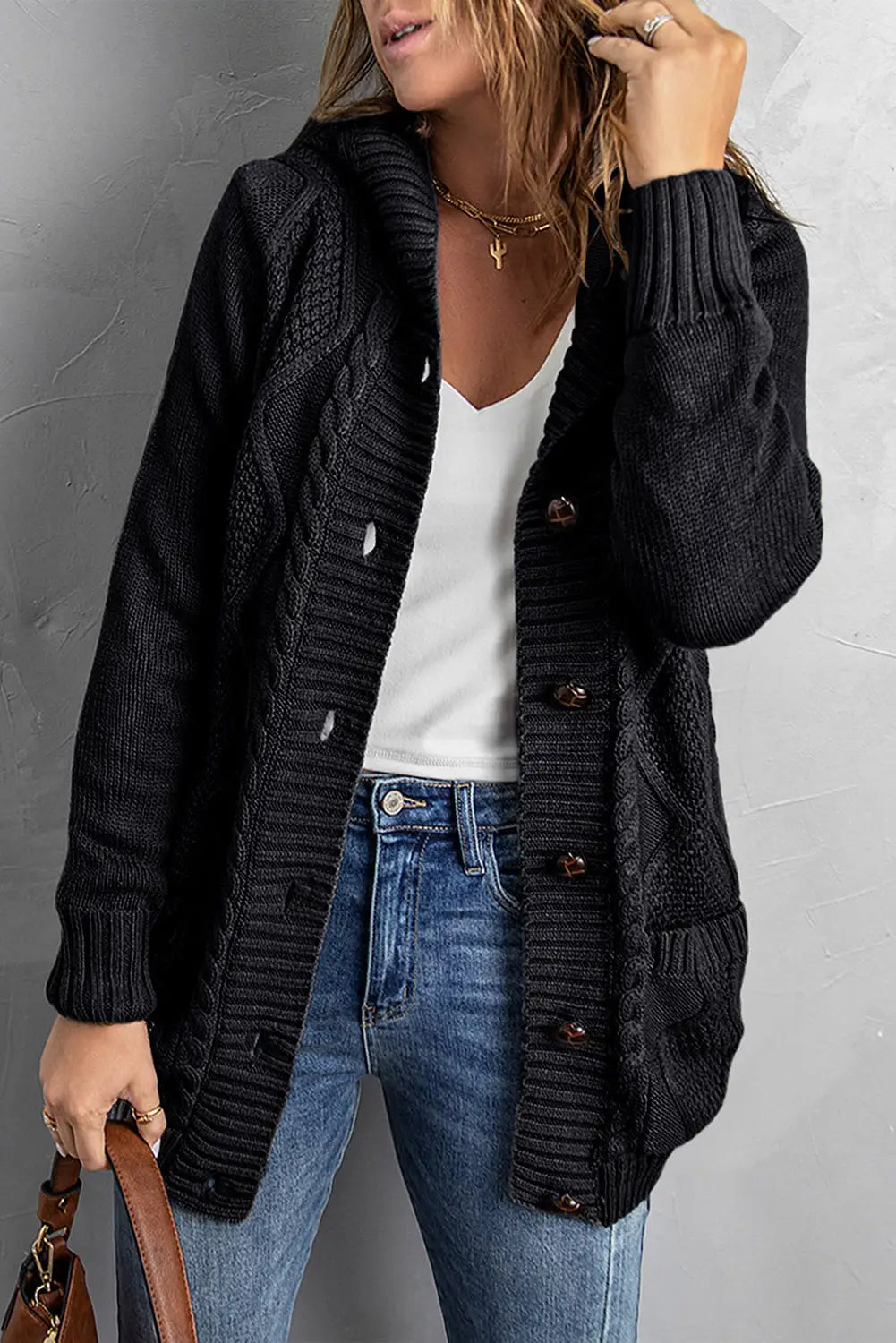 Black twist pattern knit button front hooded cardigan - s / 100% acrylic - sweaters & cardigans