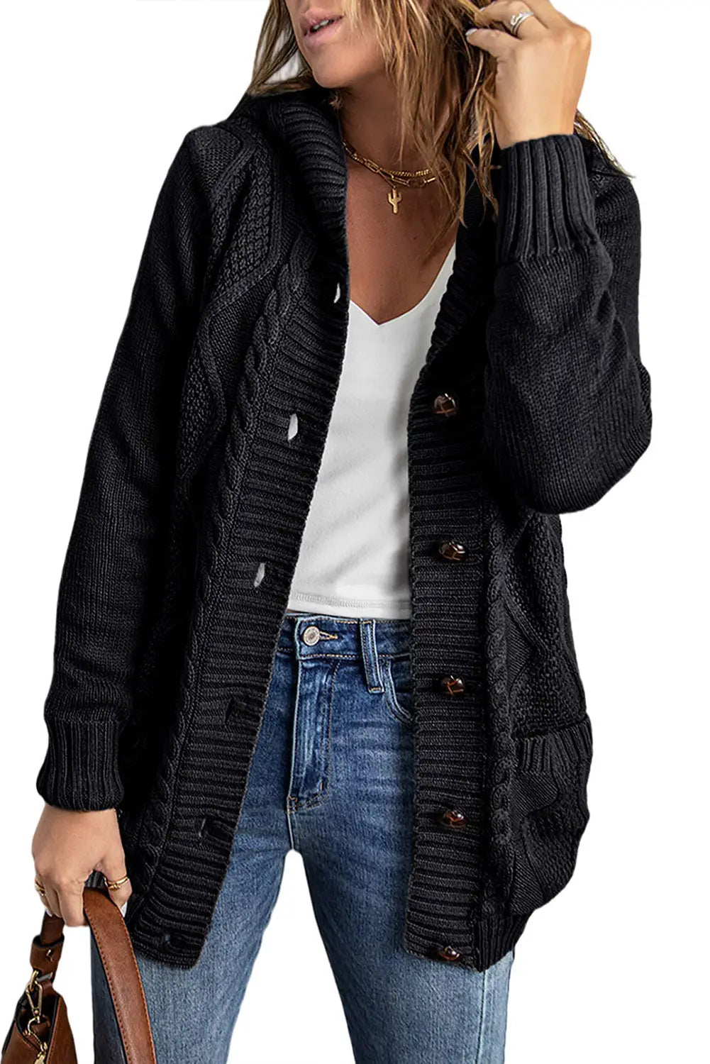Black twist pattern knit button front hooded cardigan - sweaters & cardigans
