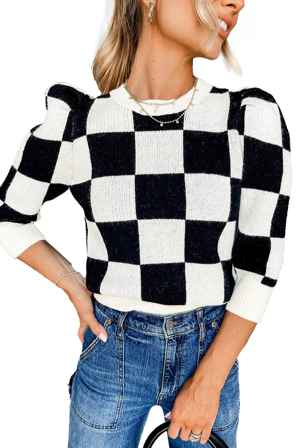 Black two tone checkered bubble sleeve knit top - sweaters & cardigans