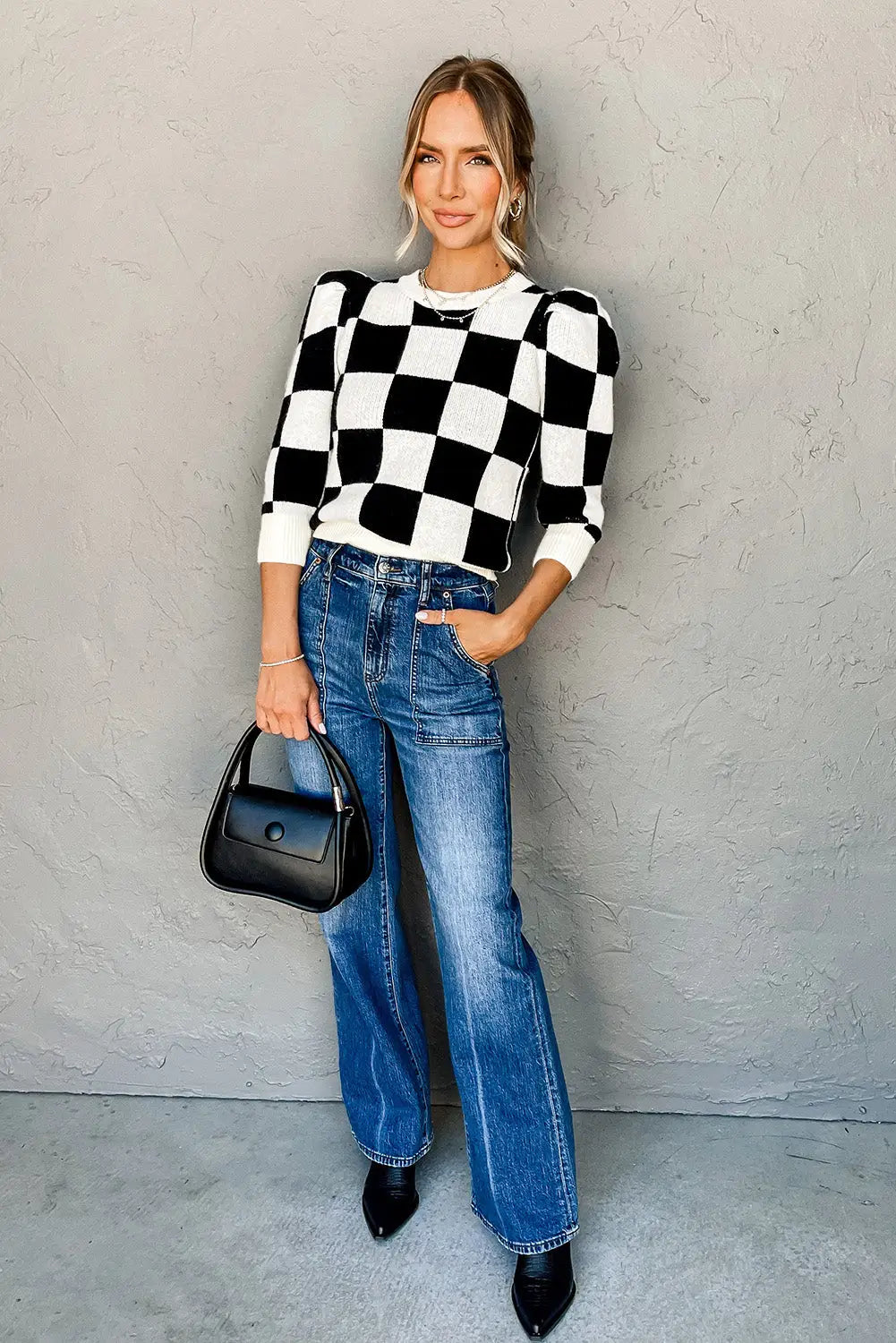 Black two tone checkered bubble sleeve knit top - sweaters & cardigans