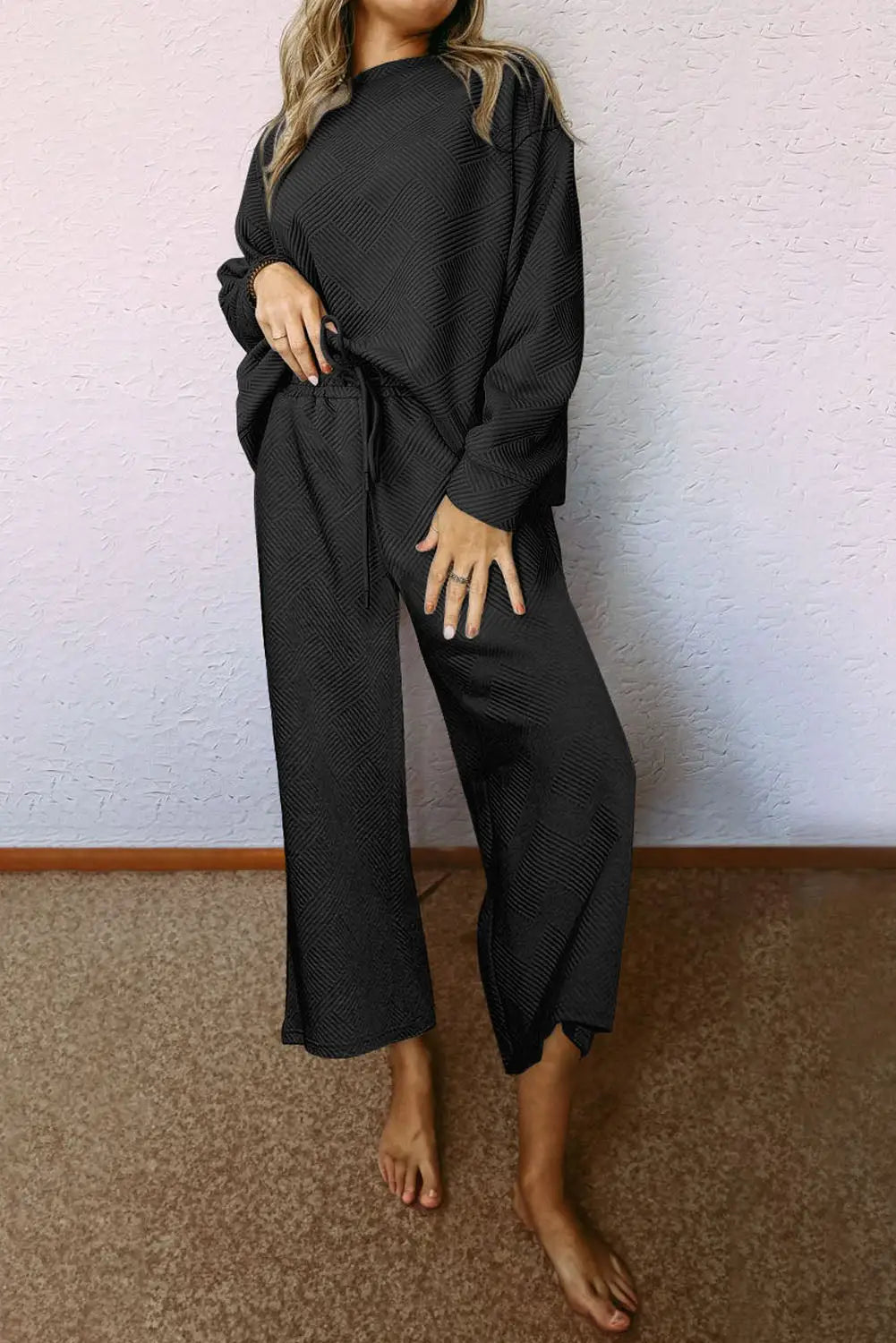 Black ultra loose textured 2pcs slouchy outfit - 2xl 95% polyester + 5% elastane pants sets