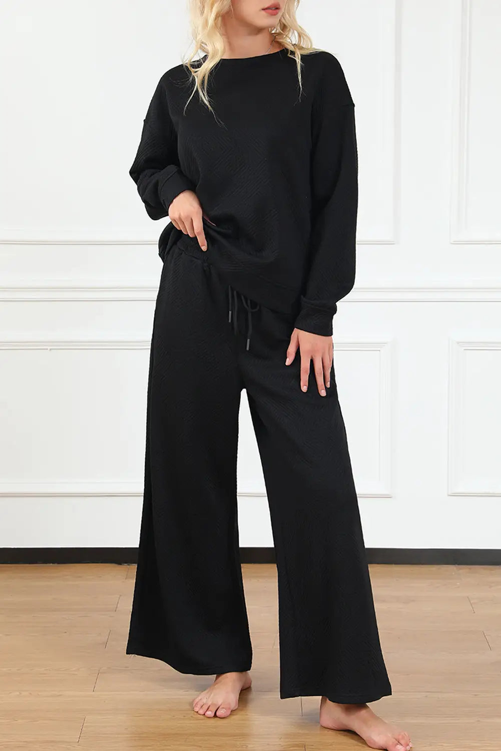 Black ultra loose textured 2pcs slouchy outfit - pants sets