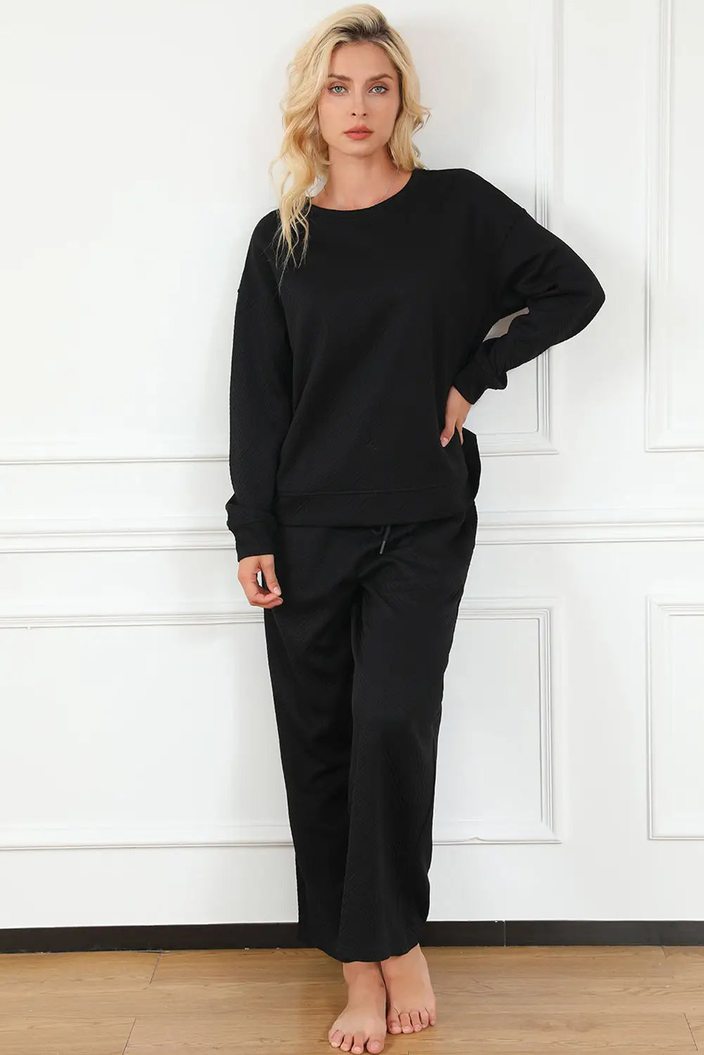 Black ultra loose textured 2pcs slouchy outfit - pants sets