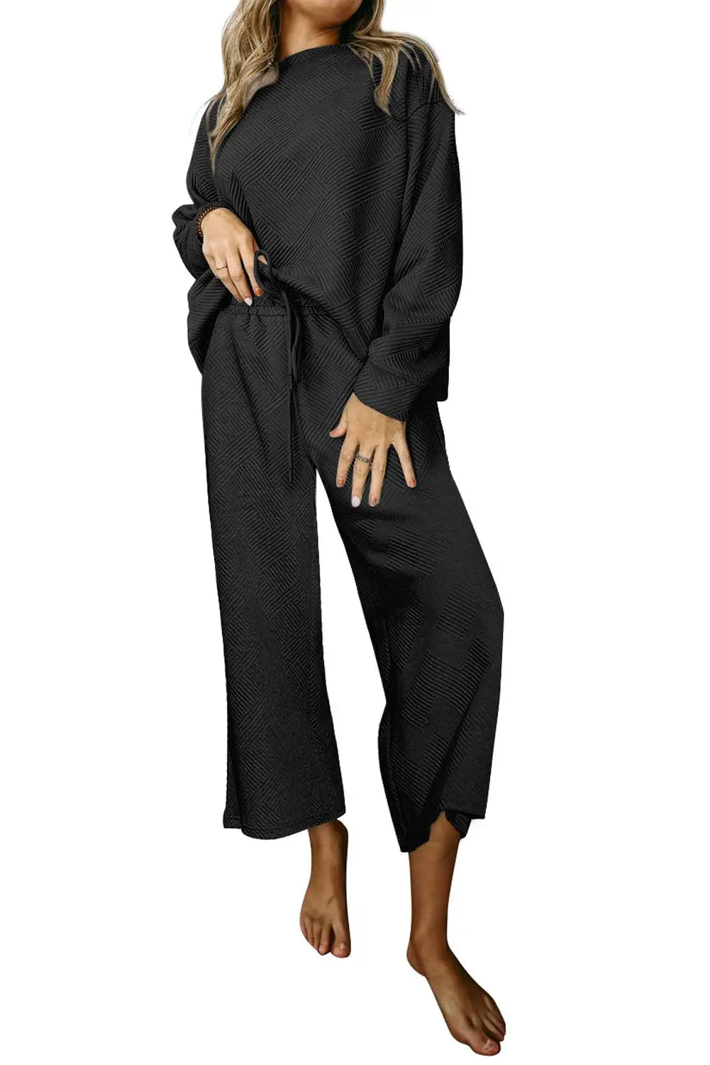 Black ultra loose textured 2pcs slouchy outfit - loungewear