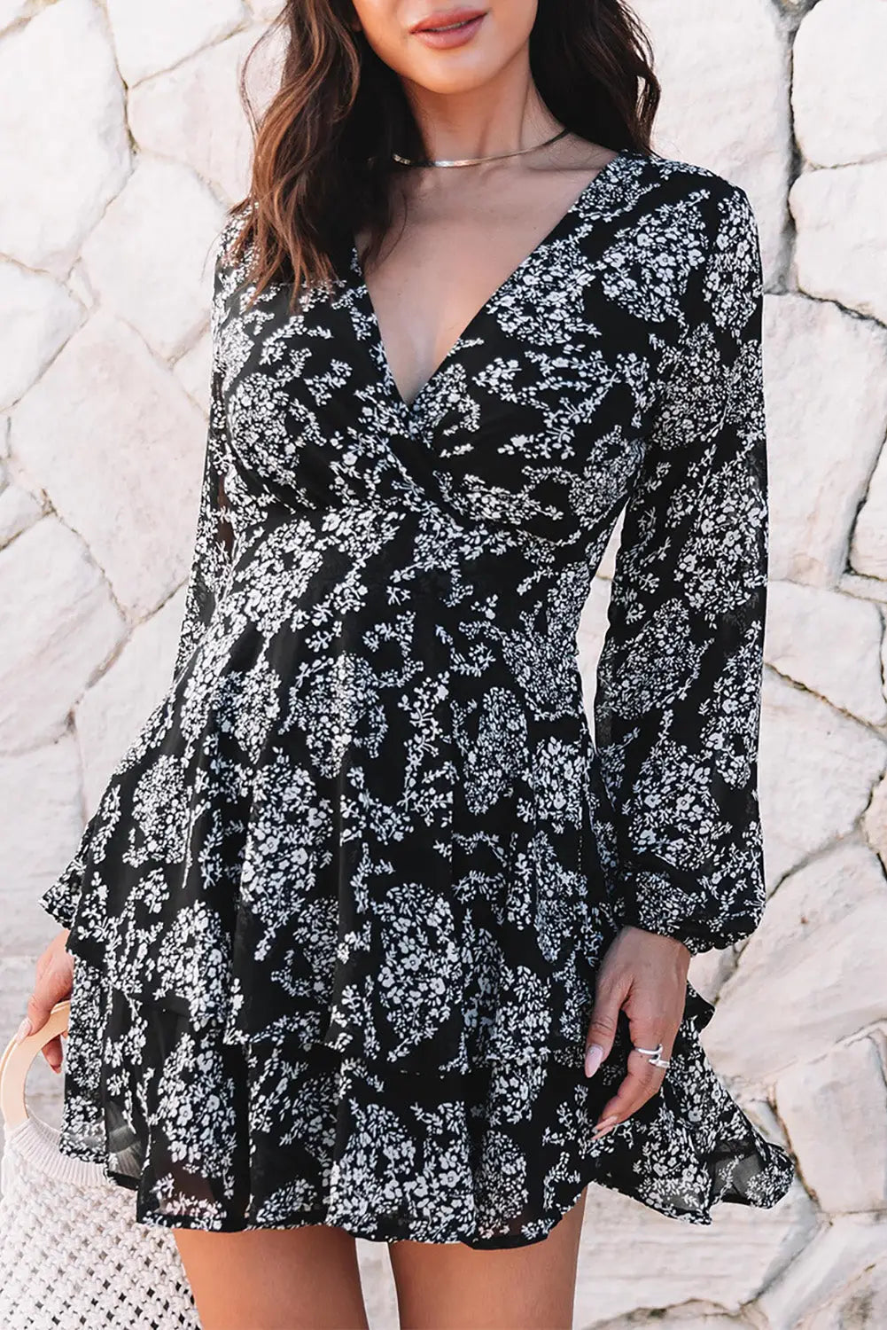 Black v neck baggy sleeve waist tie double layer ruffle hem leopard print dress - (us20-22） / 100% polyester - mini
