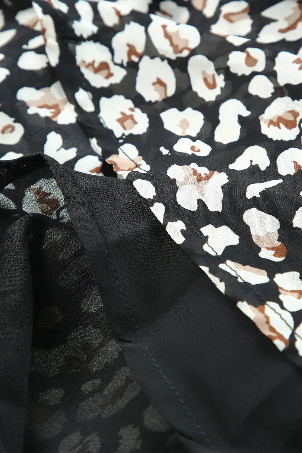 Black v neck baggy sleeve waist tie double layer ruffle hem leopard print dress - mini dresses