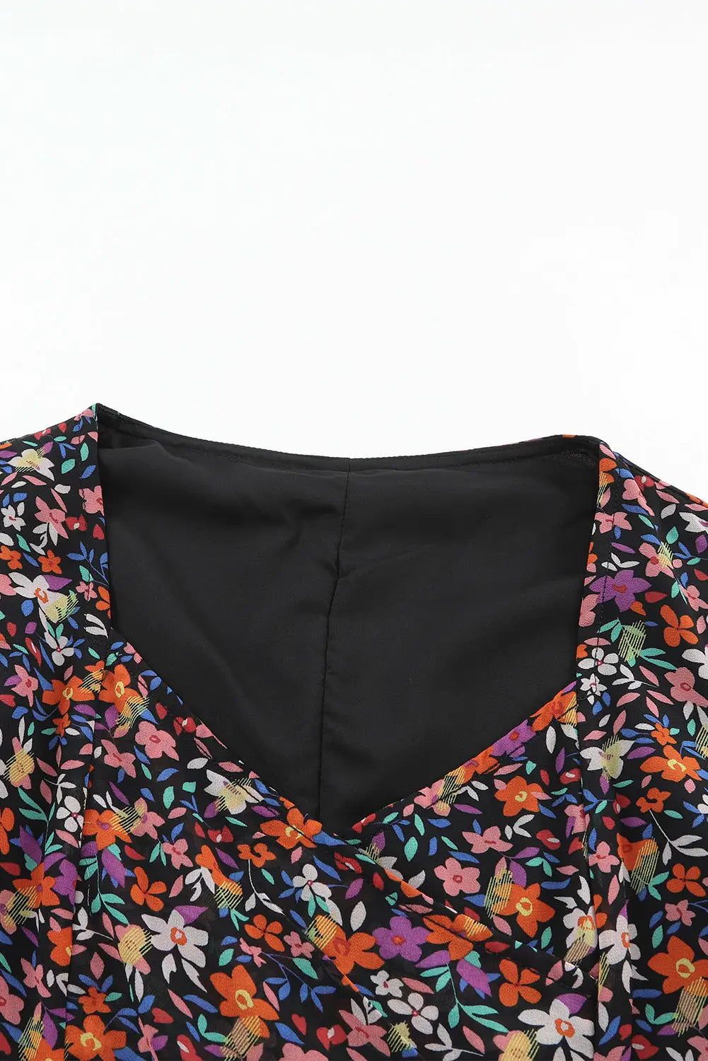 Black v neck bubble sleeve floral blouse - tops