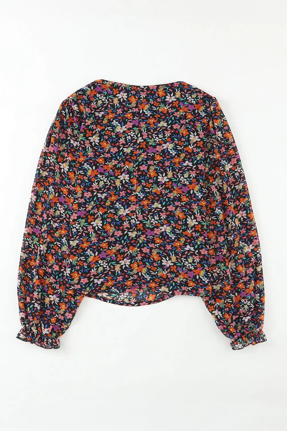 Black v neck bubble sleeve floral blouse - tops