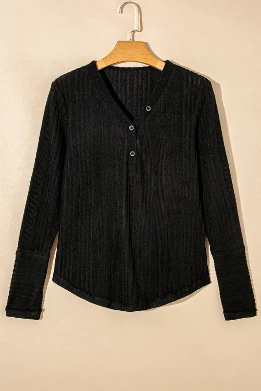 Black v neck buttoned ribbed knit top - tops