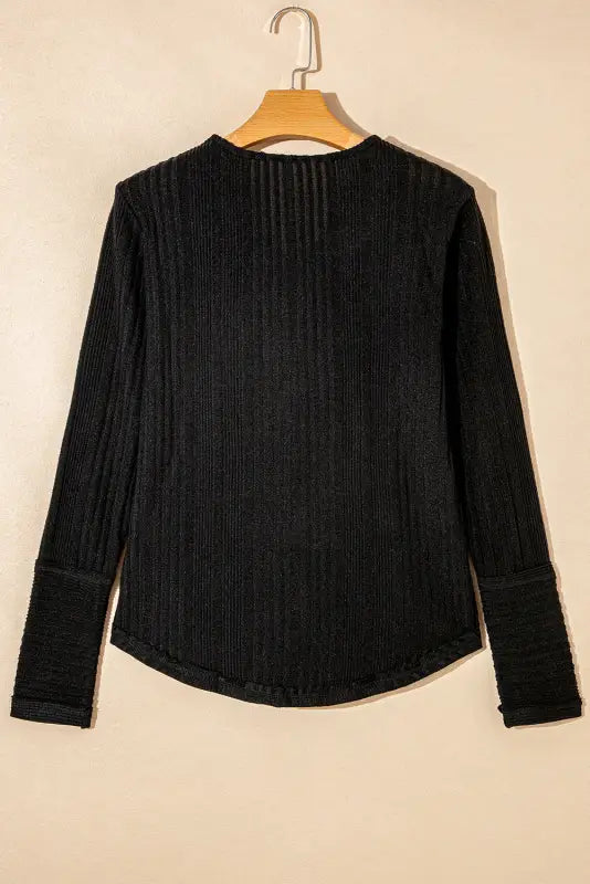 Black v neck buttoned ribbed knit top - tops