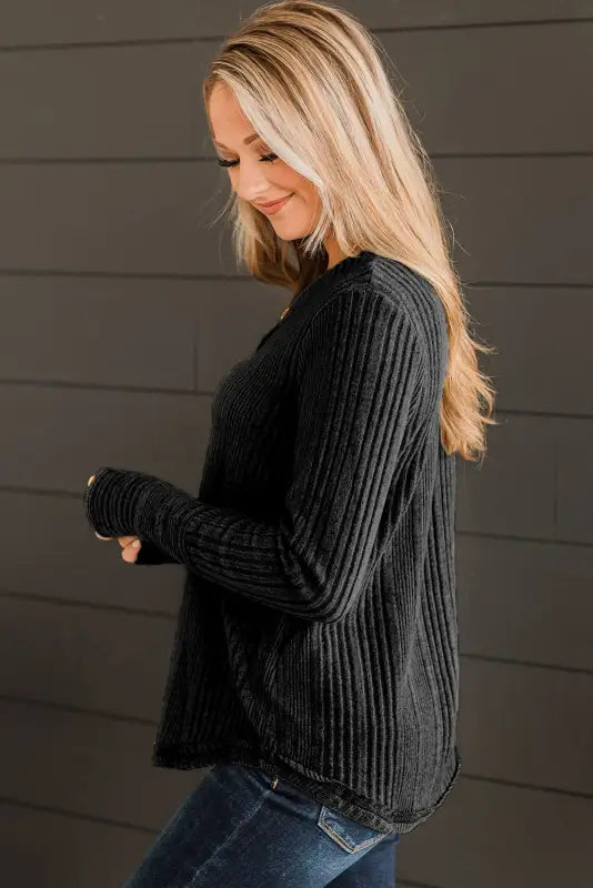 Black v neck buttoned ribbed knit top - tops