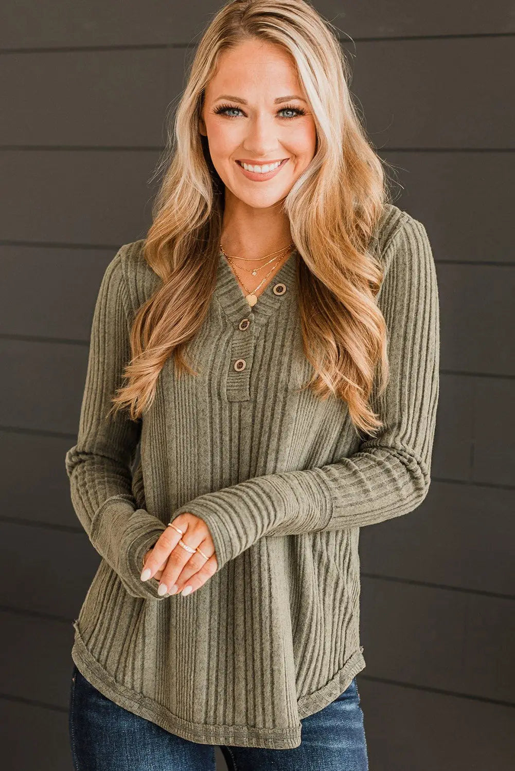 Black v neck buttoned ribbed knit top - long sleeve tops