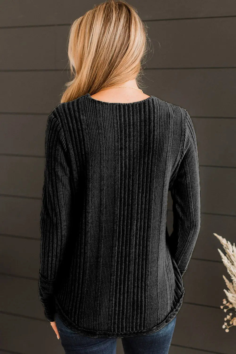 Black v neck buttoned ribbed knit top - tops