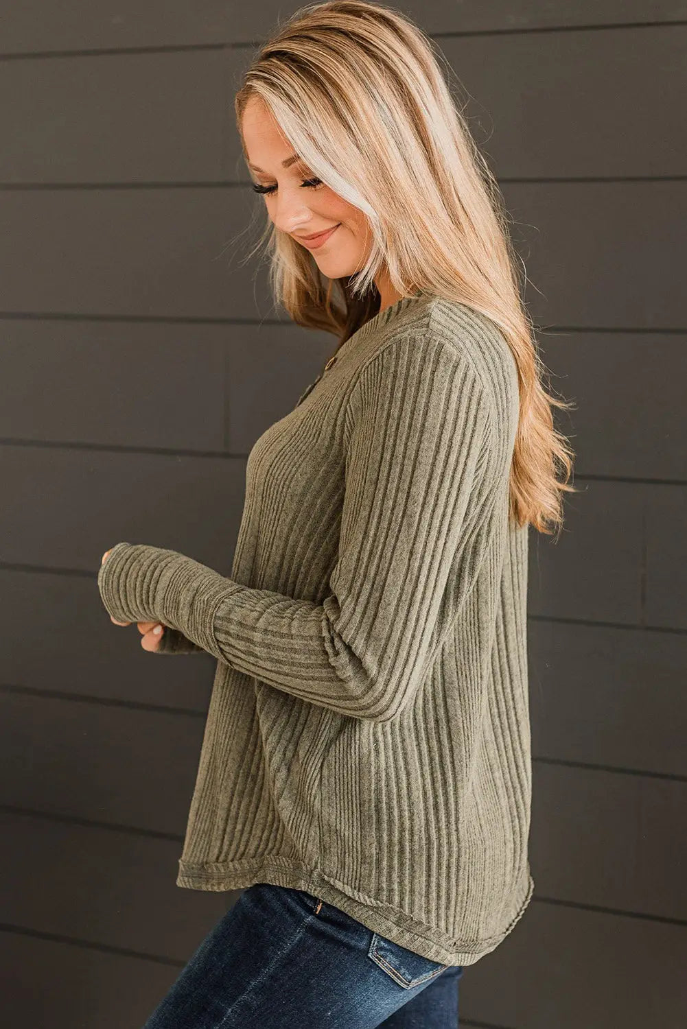 Black v neck buttoned ribbed knit top - long sleeve tops