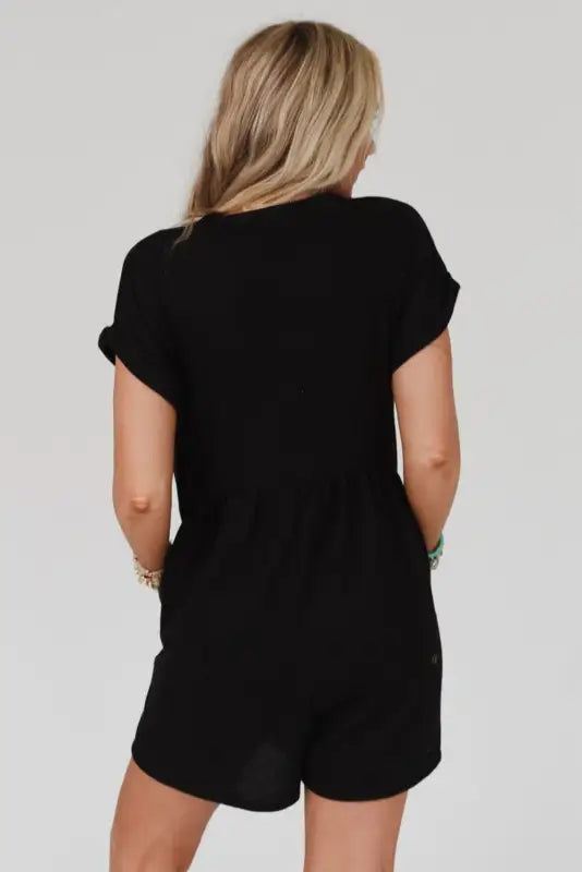 Black v neck buttons loose cuffed short sleeve romper - bottoms