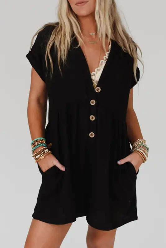 Black v neck buttons loose cuffed short sleeve romper - s / 65% polyester + 30% viscose + 5% elastane - bottoms