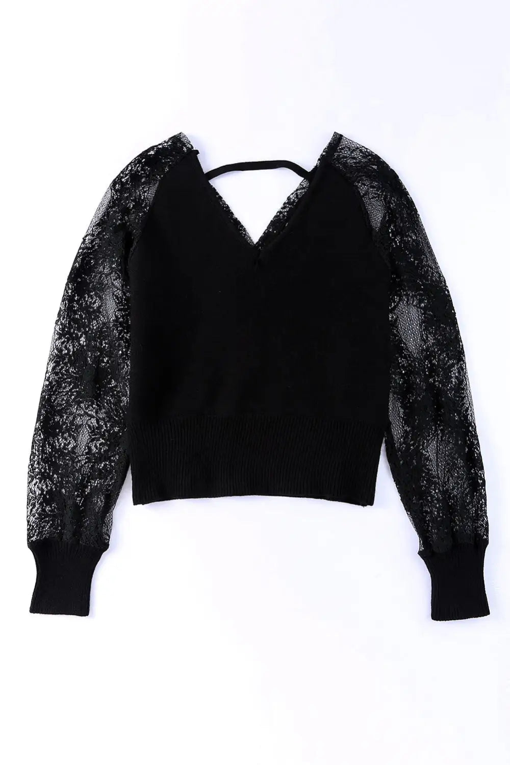 Black v-neck lace sleeve pullover sweater - sweaters & cardigans