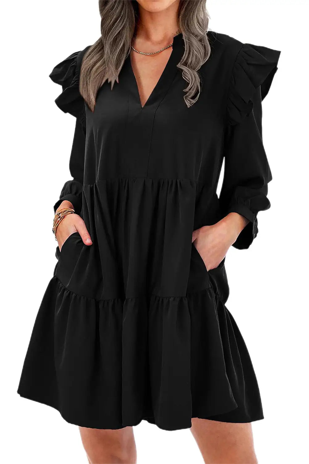 Black v neck tiered ruffled dress with pockets - mini dresses