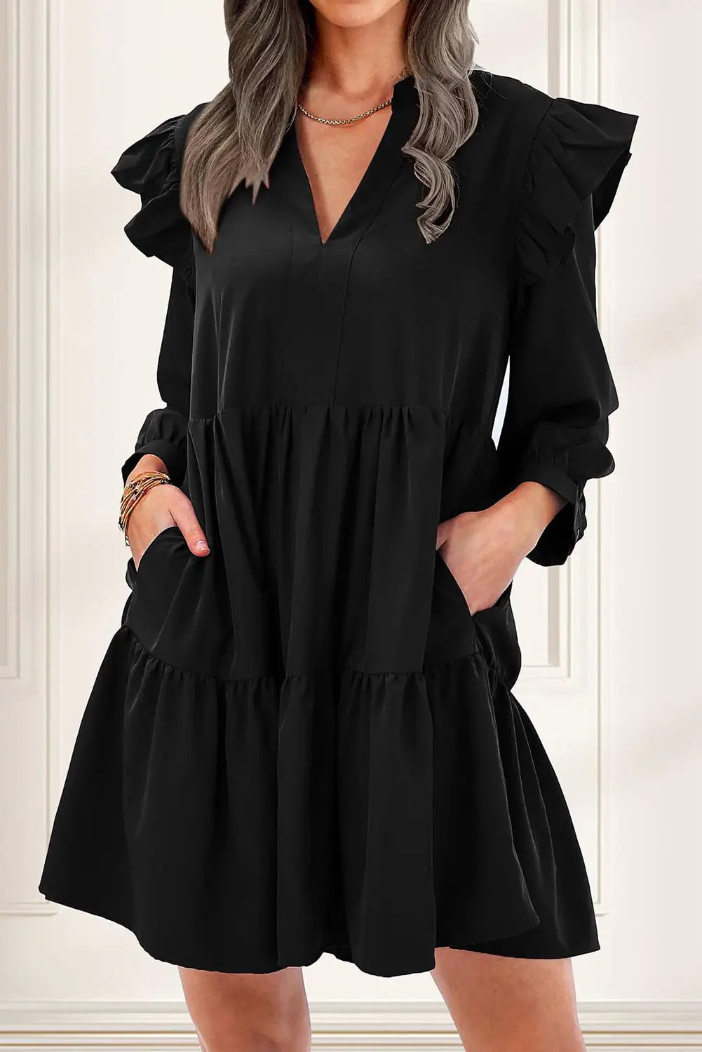 Black v neck tiered ruffled dress with pockets - l / 100% cotton - mini dresses