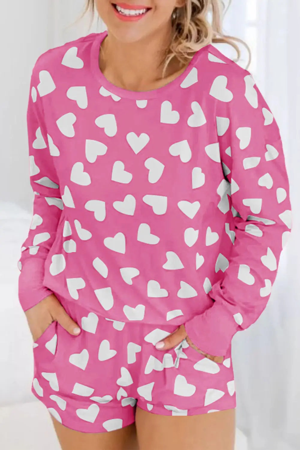 Black valentine heart shape print long sleeve top shorts lounge set - pink / s / 95% polyester + 5% elastane