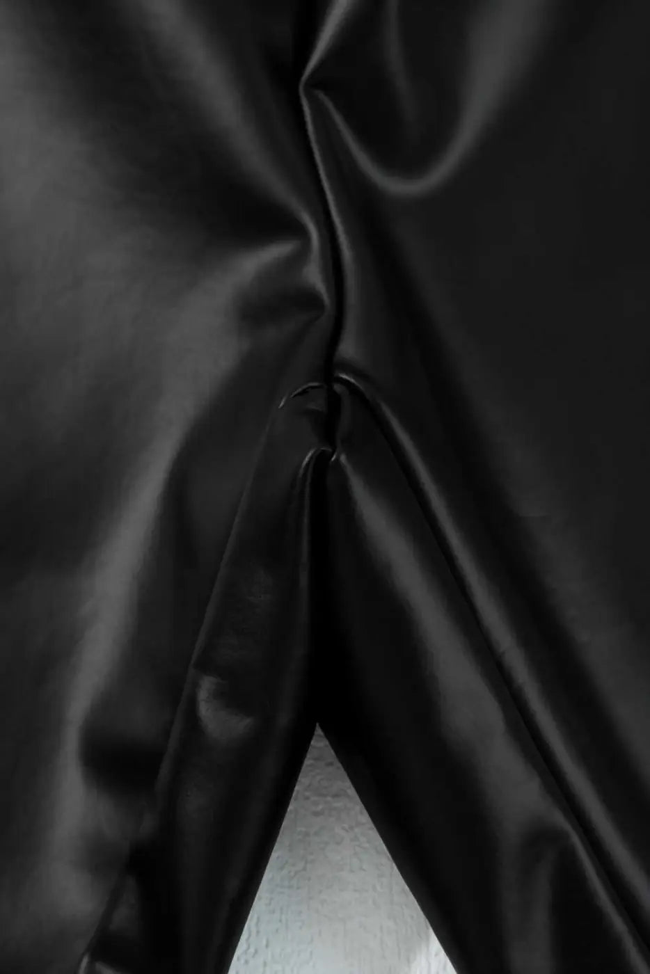 Close-up of inner seam construction on Black Vegan Leather Leggings – High‑Rise Skinny Fit, emphasizing quality stitching and comfort.