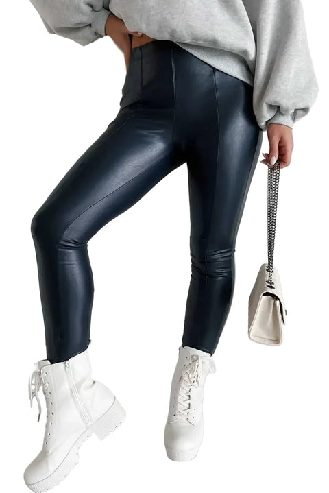 Black vegan leather high rise skinny leggings front view — Fashionfitz UK