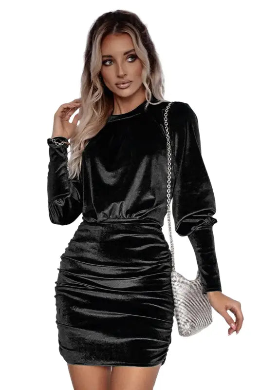 Black velvet puff sleeve ruched bodycon dress - dresses