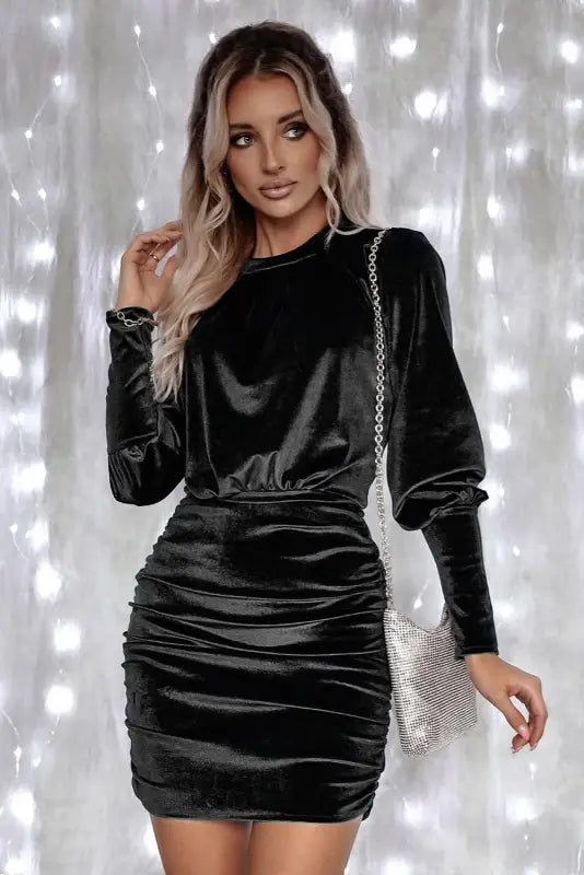 Black velvet puff sleeve ruched bodycon dress - dresses