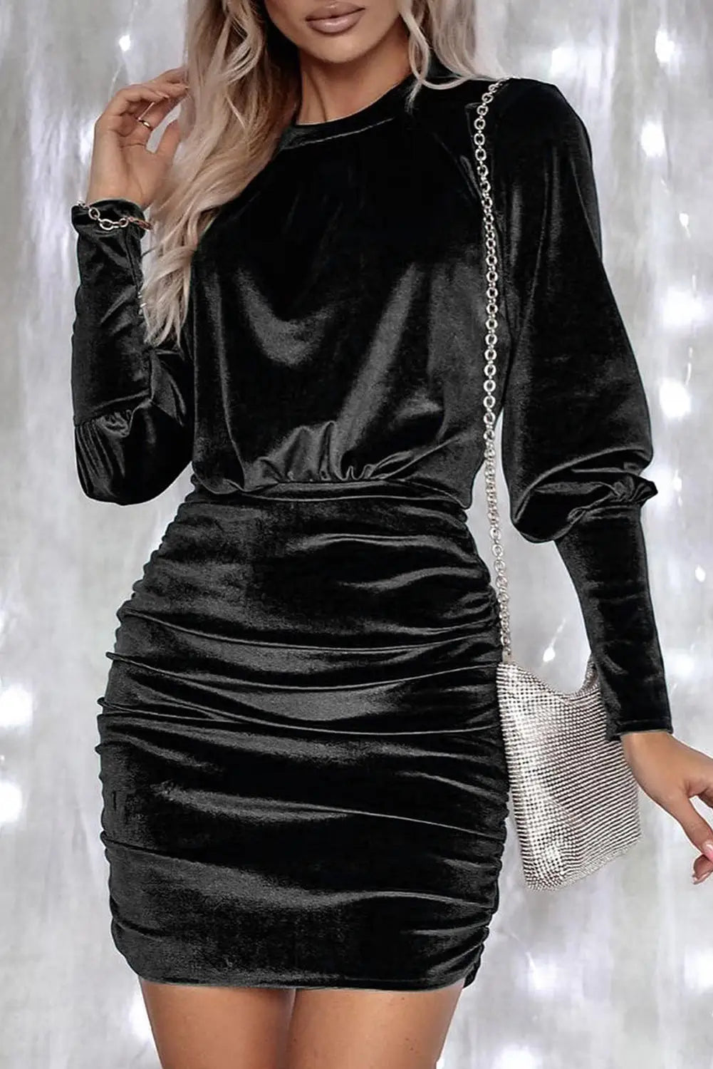 Black velvet puff sleeve ruched bodycon dress - s /