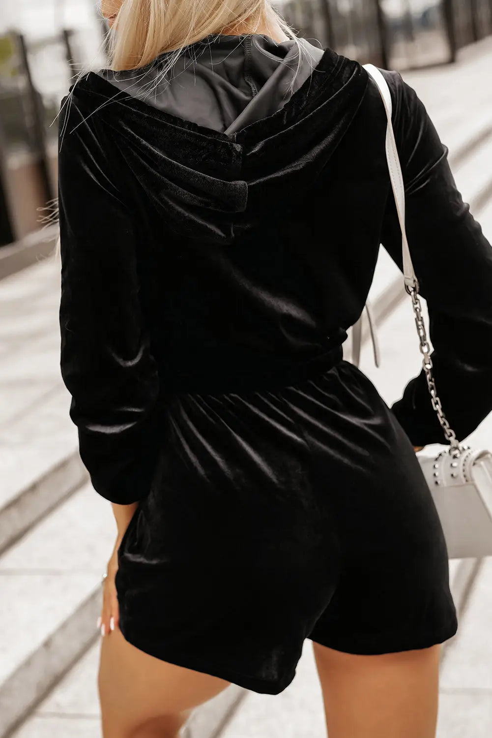 Black velvet zipped front drawstring waist hooded romper - jumpsuits & rompers