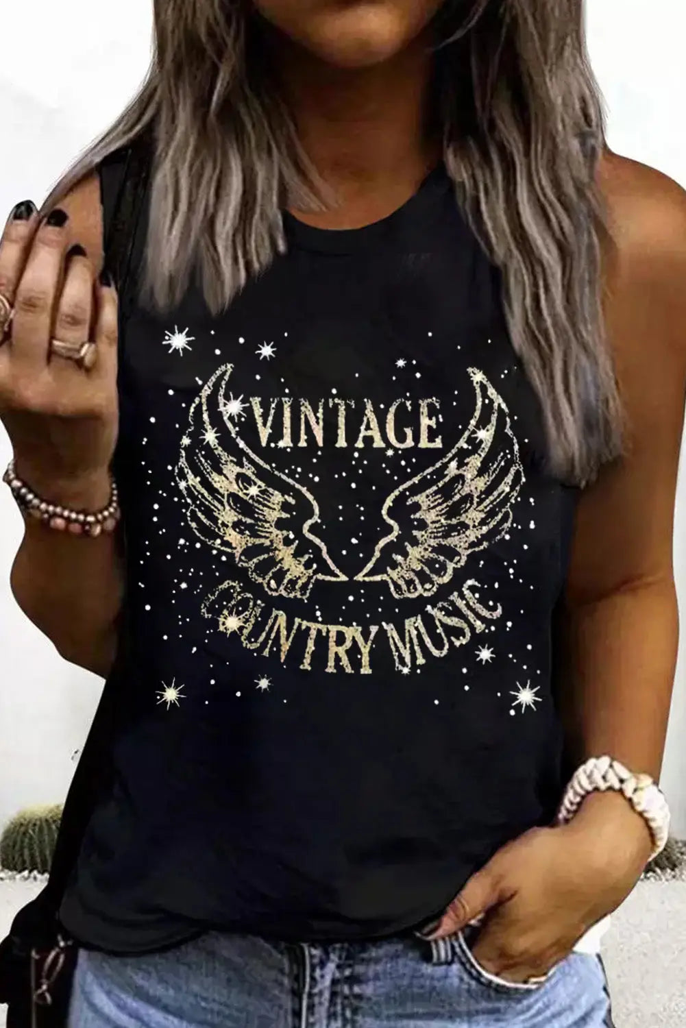 Black vintage country music wing glitter print tank top - s