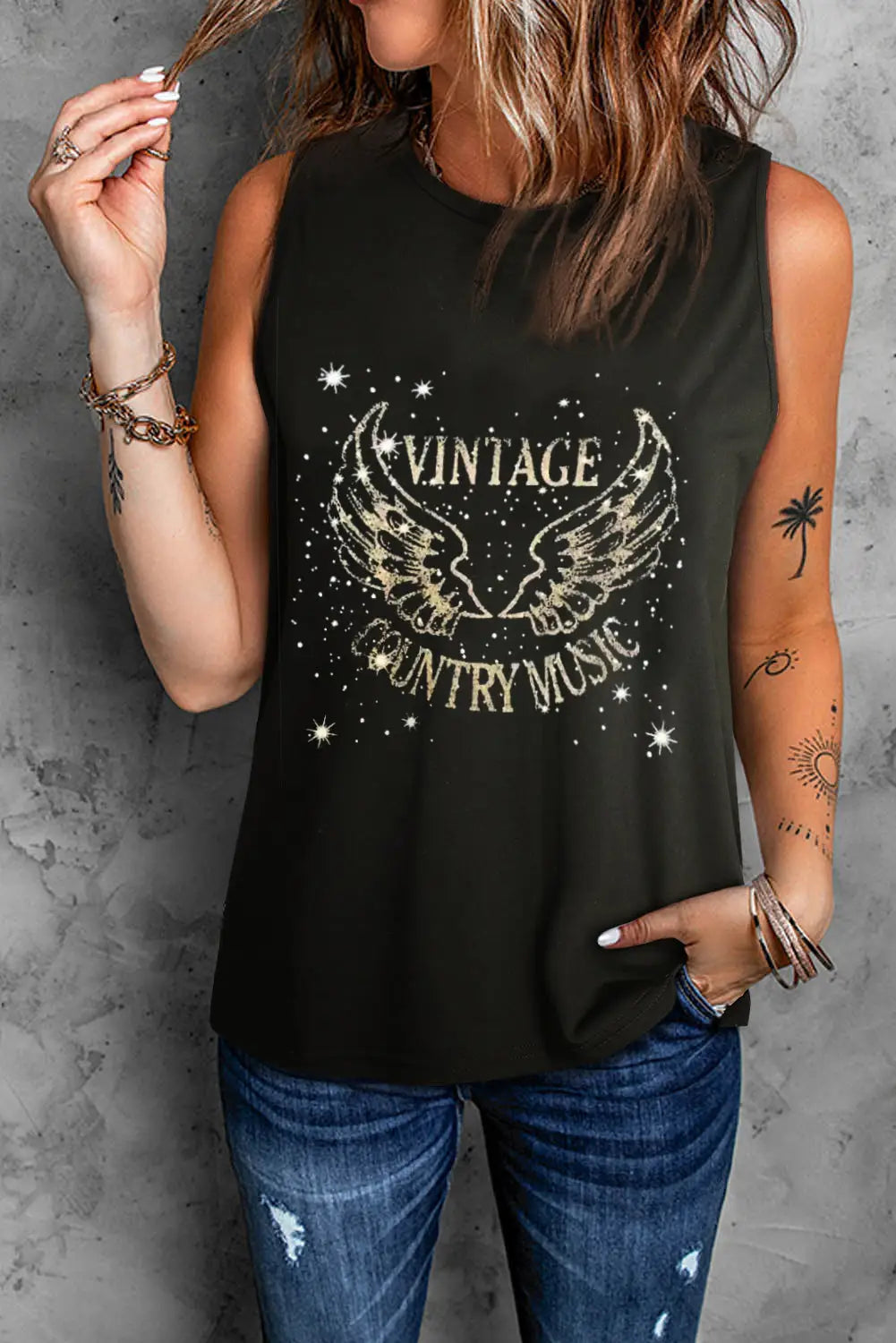 Black vintage country music wing glitter print tank top -