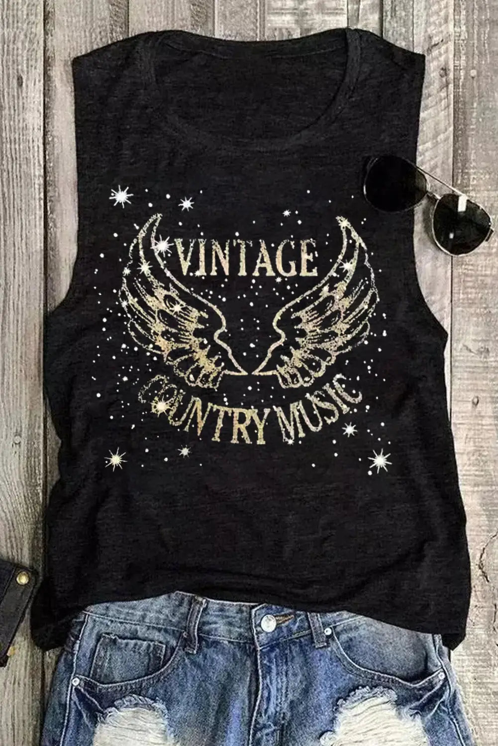 Black vintage country music wing glitter print tank top - tops