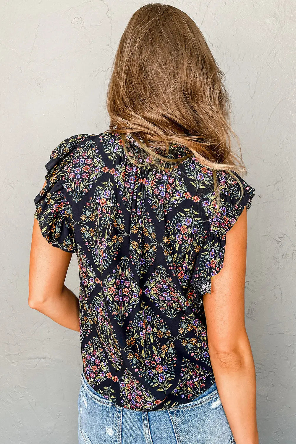 Black vintage floral ruffle sleeve v neck blouse - blouses & shirts