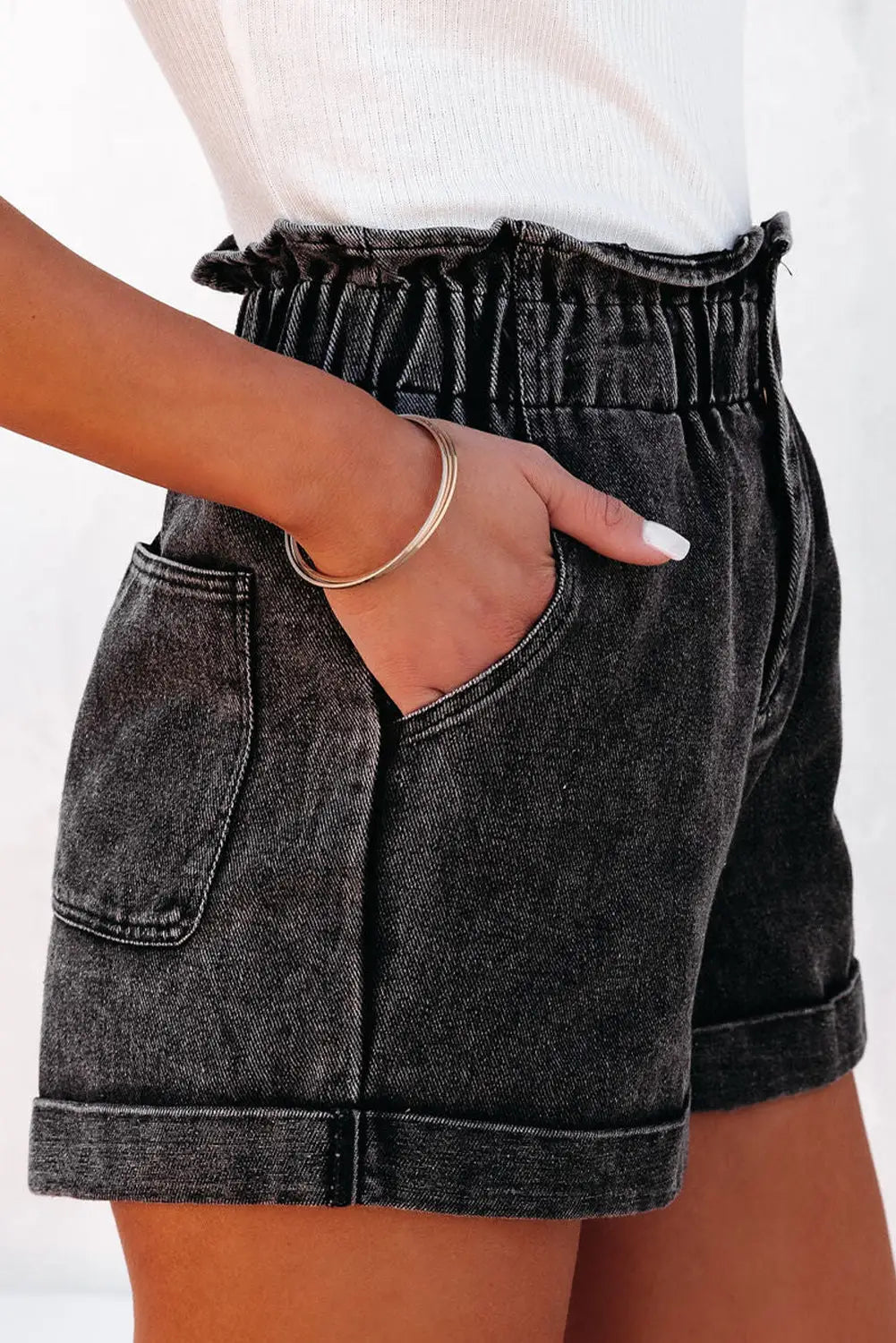 Black vintage washed frilled high waist denim shorts - bottoms