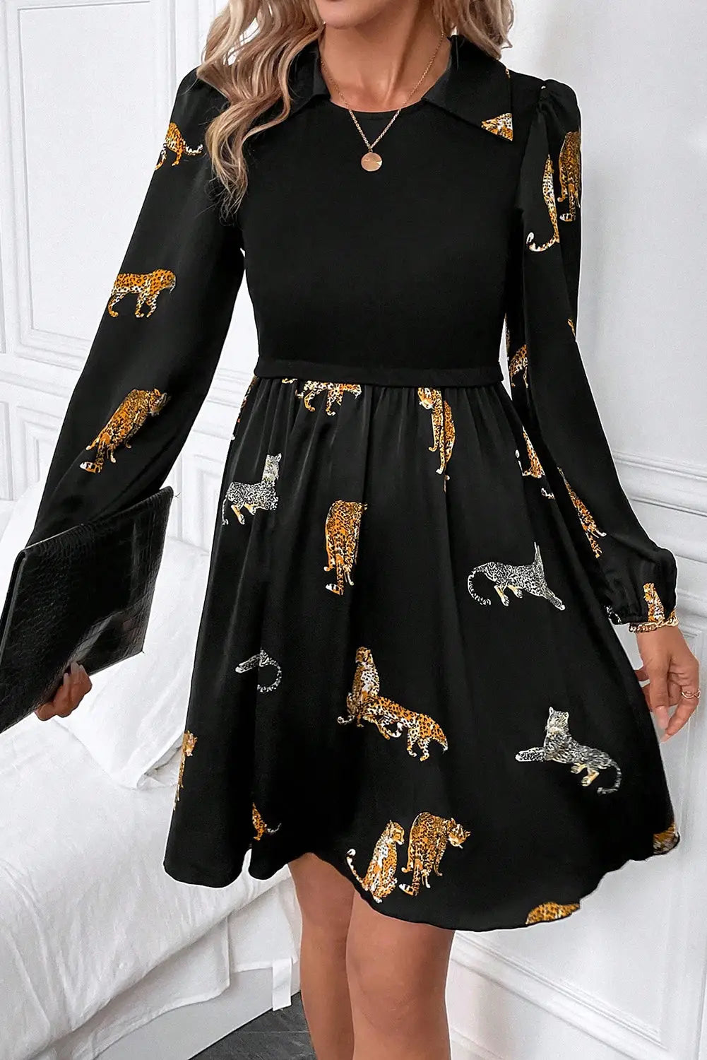 Black vivid leopard print long sleeve swing dress - mini dresses