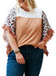 Black waffle knit animal print ruffle sleeves plus size top