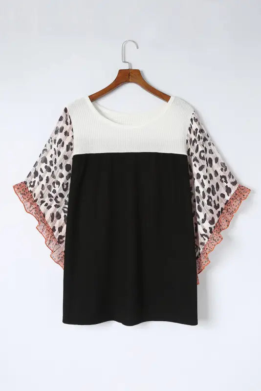 Black waffle knit animal print ruffle sleeves plus size top