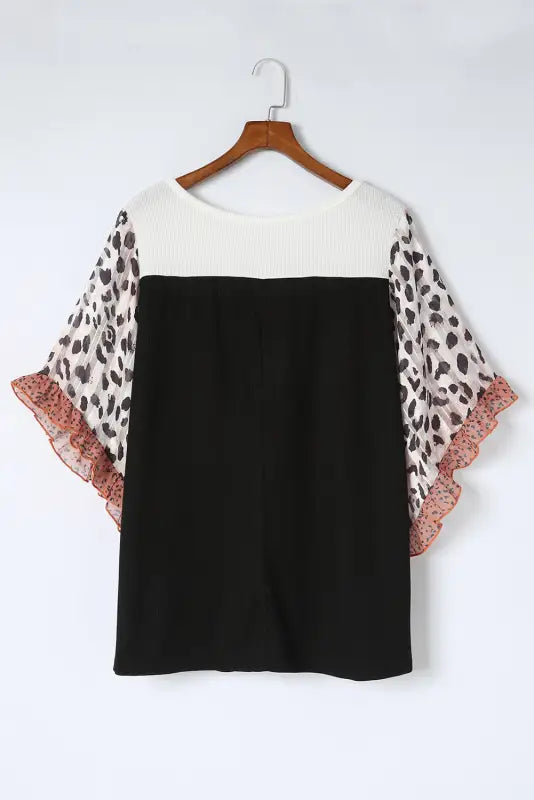 Black waffle knit animal print ruffle sleeves plus size top