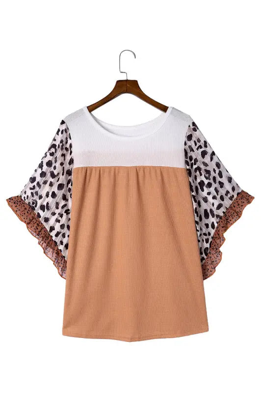 Black waffle knit animal print ruffle sleeves plus size top