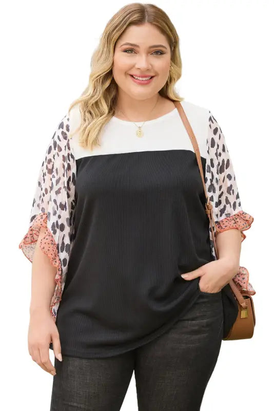 Black waffle knit animal print ruffle sleeves plus size top