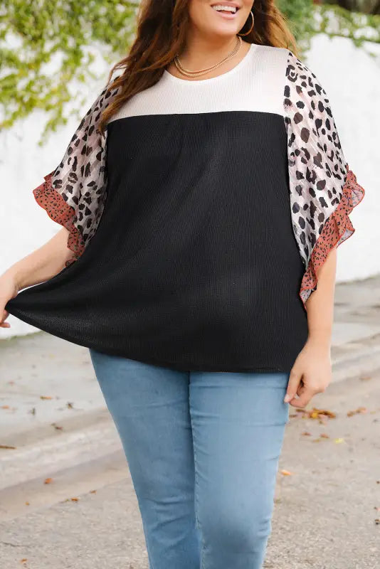 Black waffle knit animal print ruffle sleeves plus size top