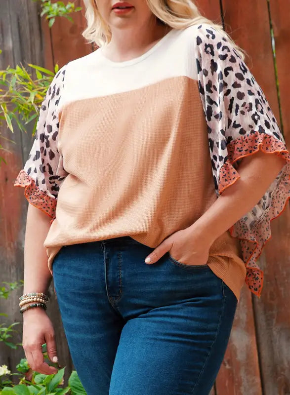 Black waffle knit animal print ruffle sleeves plus size top