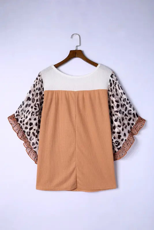 Black waffle knit animal print ruffle sleeves plus size top