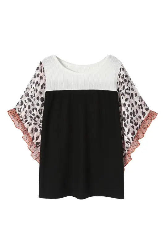 Black waffle knit animal print ruffle sleeves plus size top