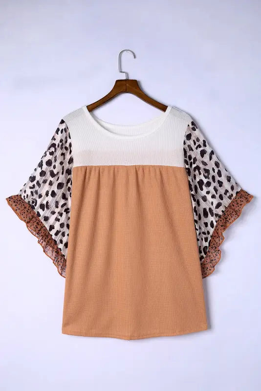 Black waffle knit animal print ruffle sleeves plus size top