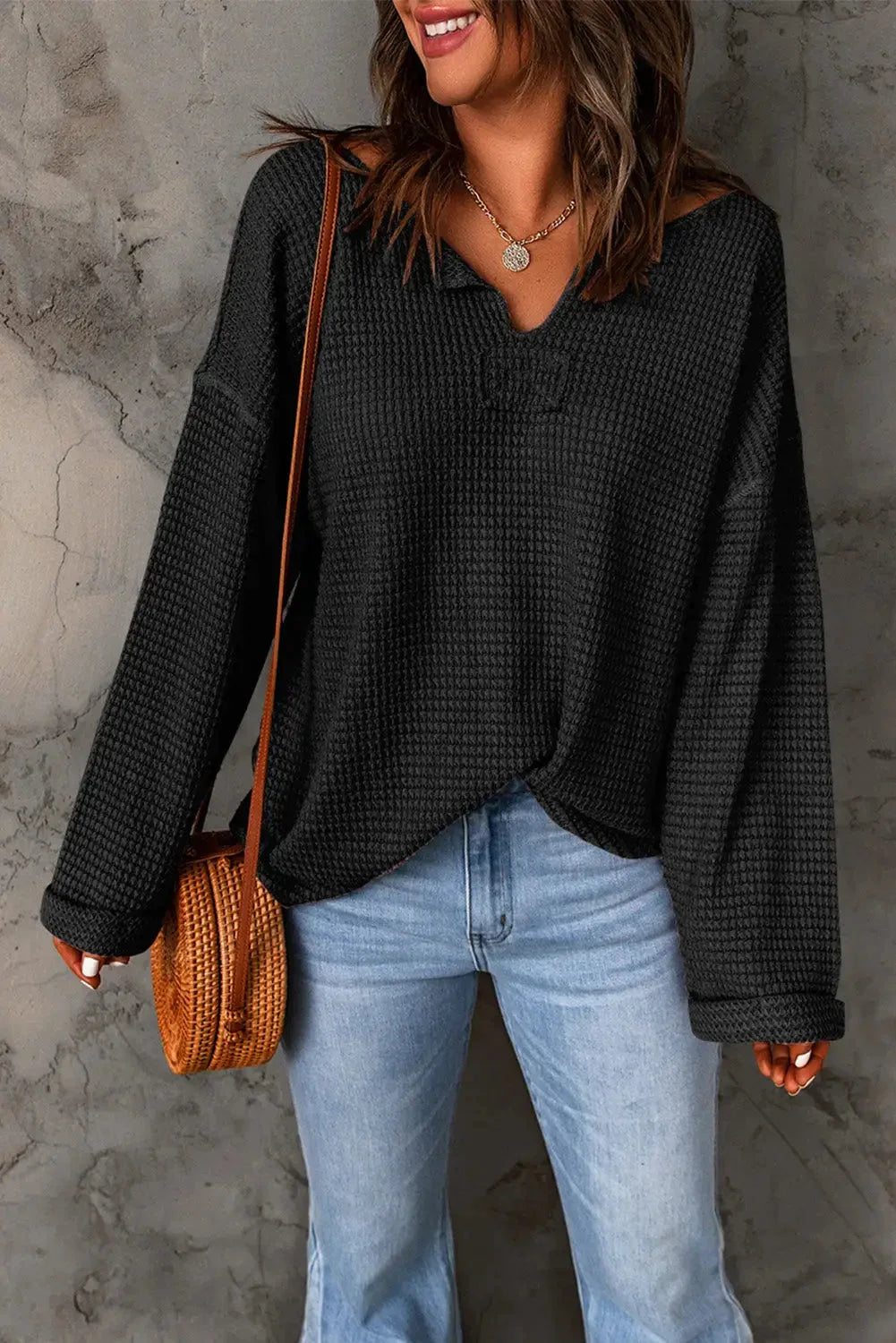 Black waffle knit loose long sleeve top - l / 95% polyester + 5% elastane - tops