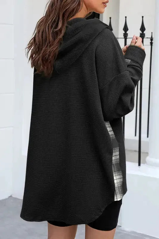 Black Waffle Knit Plaid Patchwork Drawstring Hooded Shacket - Fashionfitz