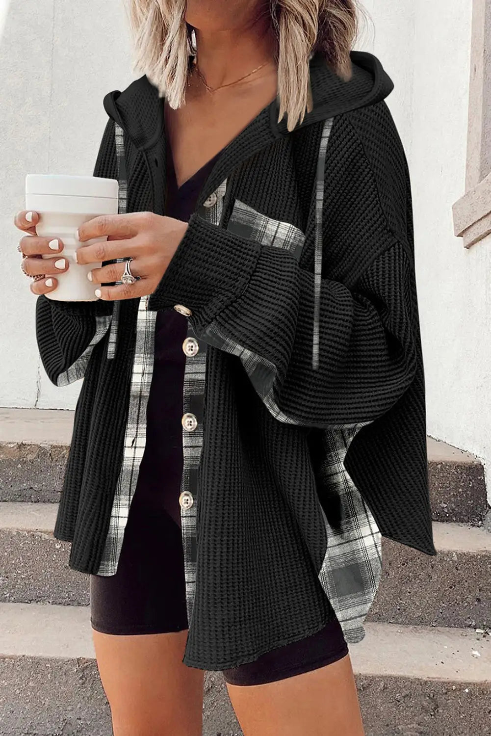 Black waffle knit plaid patchwork drawstring hooded shacket - l / 95% polyester + 5% elastane - shackets
