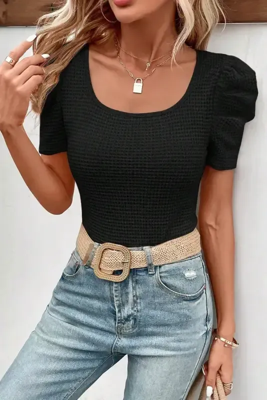 Black Waffle Knit Ruched Puff Sleeve Top - Fashionfitz